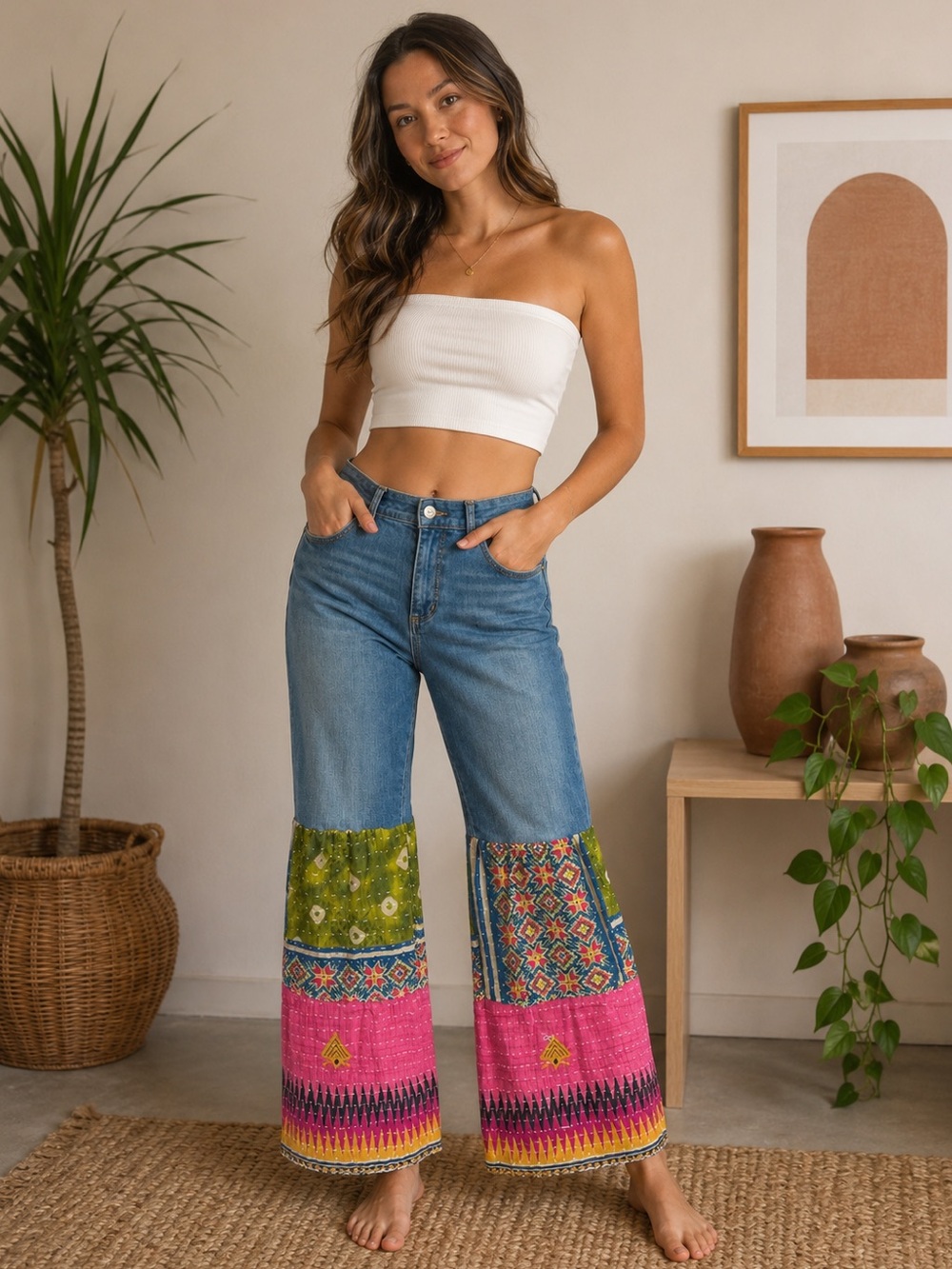 Upcycled jeans with layered kantha flare